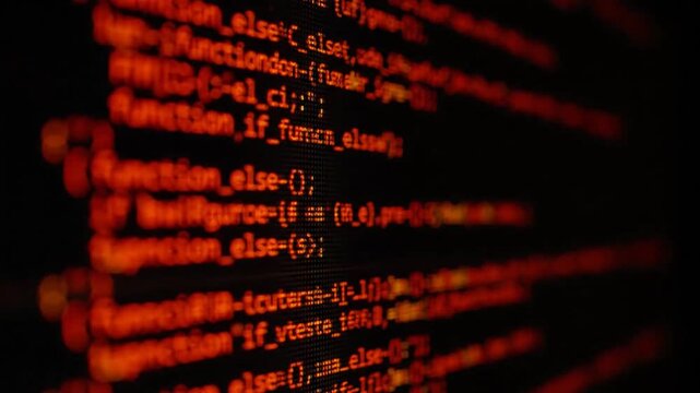 A hacker's view of furiously scrolling red source code across a dark interface. The screen distorts the text into three frantic, overlapping streams, signaling a high-speed system breach.
