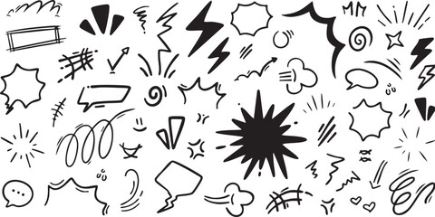 Obraz premium hand draw Set of black and white comic book action elements. Hand drawn doodle collection of speech bubbles, explosions, and lightning bolts for manga