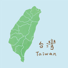 Cute hand-drawn colored pencil illustration of Taiwan map and Asian travel.