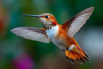 Fototapeta premium Rufus hummingbird frozen in mid-flight with wings spread and vibrant orange and brown feathers against a soft blurred green garden background.