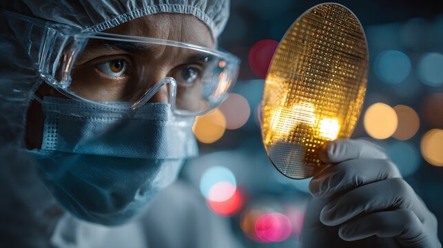 Scientist in cleanroom suit and goggles holding up a golden silicon wafer looking at it intensely in a high-tech semiconductor manufacturing lab.