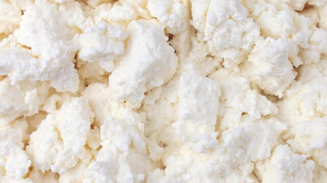 Fresh white ricotta cheese texture circle rotation close up