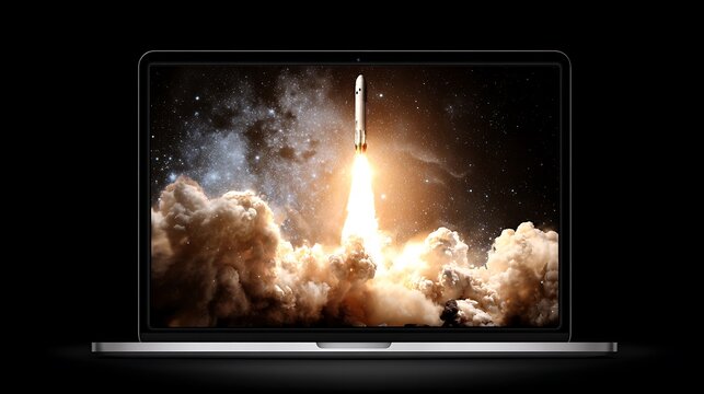 Modern Laptop Displaying a Rocket Launch Against a Starry Nebula Background computer technology