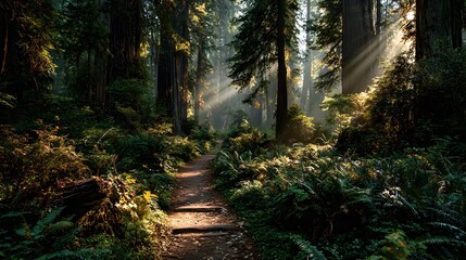 Obraz premium Serene dirt path winding through a dense ancient forest with majestic tall trees and golden sunlight streaming through leaves revealing god rays.