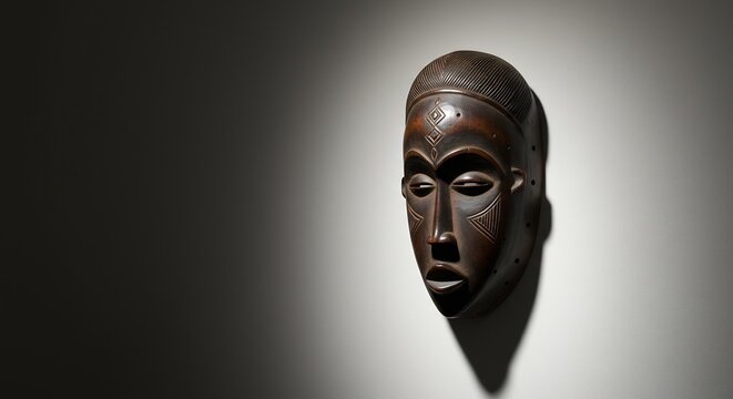 Carved wooden mask detailed features set against a gradient lighttodark wall