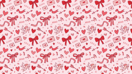 Naklejka premium Cute Hand Drawn Valentine Pattern with Cupid Arrows and Love Symbols