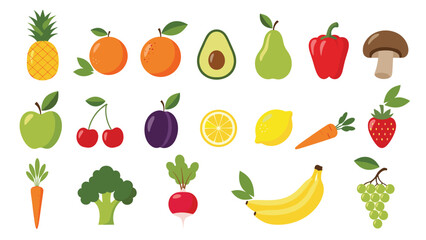 Comprehensive set of flat colorful icons representing various healthy fruits and fresh vegetables for nutrition and diet concept.