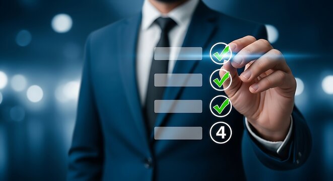 Businessman checking off on a digital to do list with green checkmarks checklist tick completed