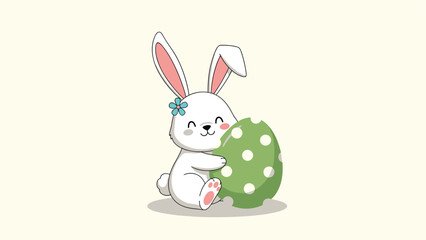 Fototapeta premium Small white bunny character with a blue flower on its head hugging a large green polka dot Easter egg on a light yellow background.