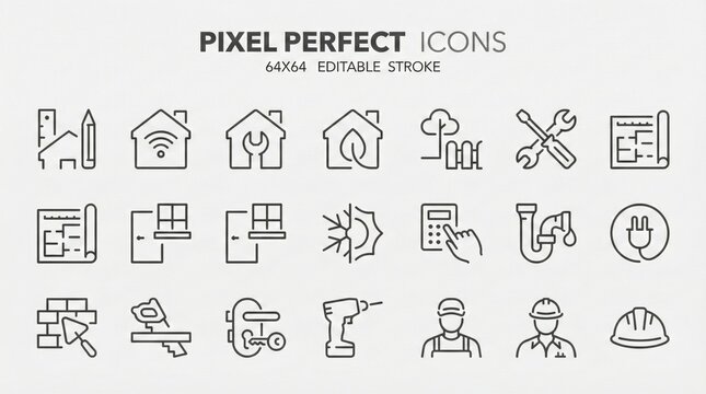 Set of pixel perfect editable stroke construction and home repair icons with clean minimal design,ideal for infographics,user interface,apps and technical illustrations