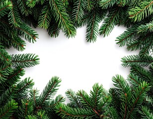 Frame of evergreen branches on white background