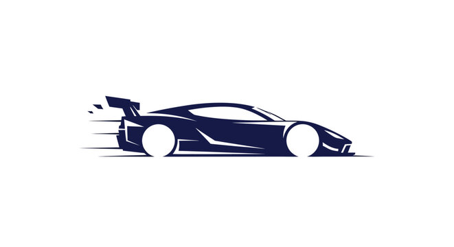 Dynamic racing car silhouette speeding forward, representing speed and automotive power on an isolated white background.