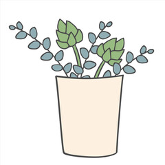 Potted green plant illustrated in flat outline style. Decorative houseplant vector isolated on white background.