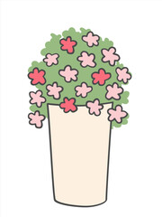 Flowering plant in pot in flat outline style. Cute decorative floral illustration isolated on white background.