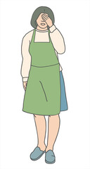 Female florist character covering her face with hand, flat outline vector illustration. Woman in apron expressing embarrassment, mistake or stress. Isolated on white background.