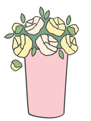 Decorative flowers in pot illustrated in flat outline style. Simple floral element for florist shop and home decor.