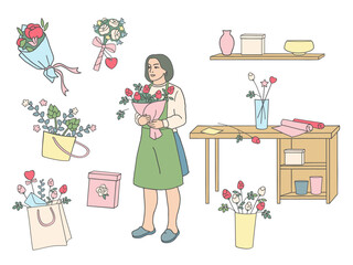 Florist shop illustration set with woman character, flowers, tools and decor in flat outline style. Collection of floral elements isolated on white background.