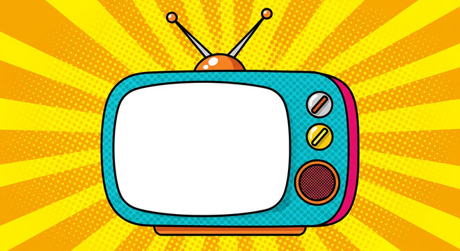Vibrant Pop Art Retro Television Illustration. A Nostalgic Vintage TV Set with Classic Rabbit Ear Antennas and a Blank Screen on a Dynamic Bursting Background