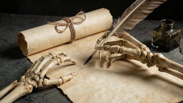 Skeleton hand writes on parchment with quill pen beside rolled scroll and ink bottle on dark stone desk