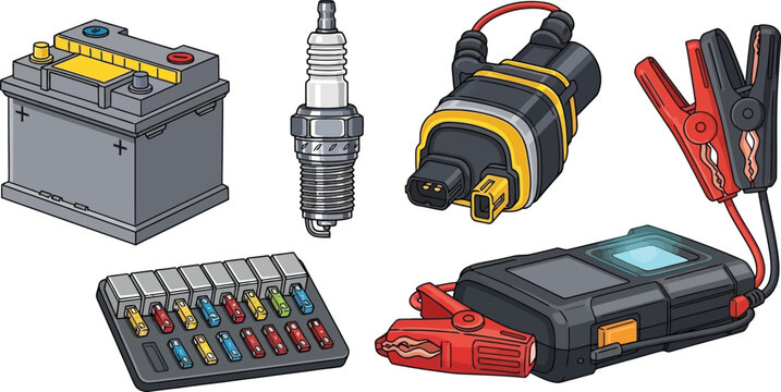 Set of automotive electrical components, including car battery, spark plug, and fuse box