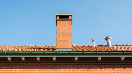 Red brick house with chimney and green gutter system under clear blue sky