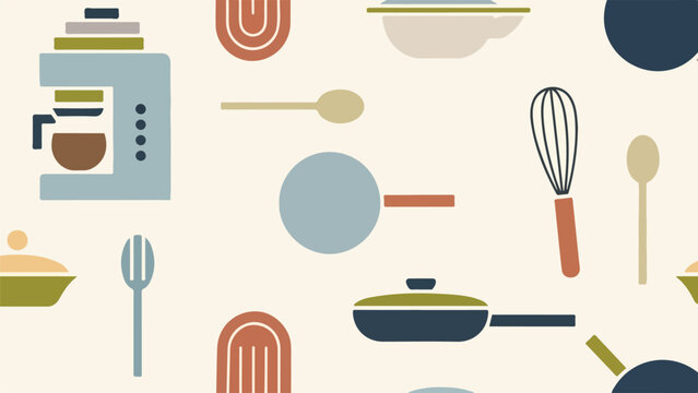 A whimsical, flat lay of abstract kitchen tools on beige background