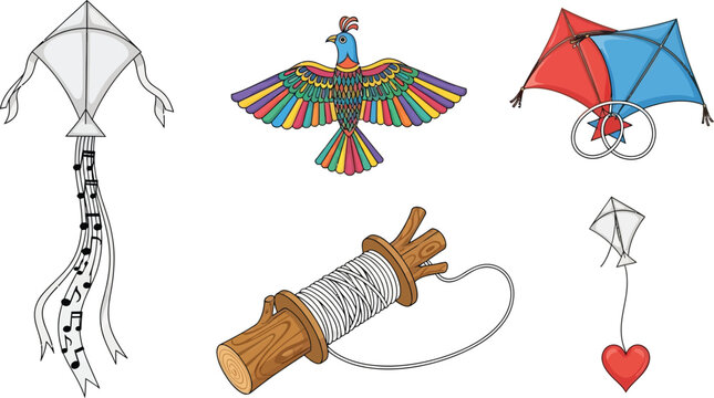 Traditional kite flying festival vector set with colorful bird shaped kite spools of thread and creative heart design