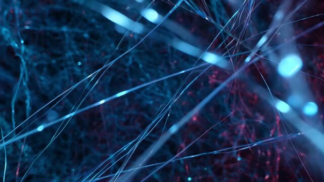 Glowing filaments span a dark frame, forming a delicate blue web with scattered bokeh nodes, evoking digital connections or neural pathways that shimmer and fade through shallow focus.