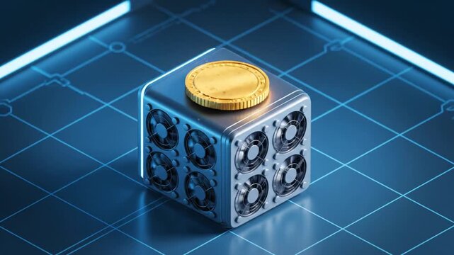 Golden particles shower onto a cooling unit (crypto miner), accumulating and forming a shiny golden coin that rotates and stands upright, symbolizing the process of digital mining in a futuristic blu