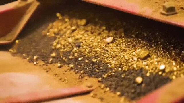Gold flakes and dust glitter amidst dark sand in a red-edged sluice box, showcasing a successful find in the exciting process of gold prospecting and mining.