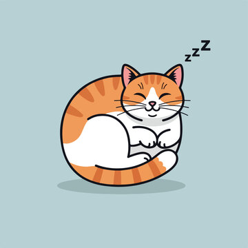 Adorable illustration of a sleeping orange and white cat, curled up