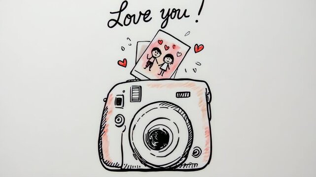 Hand-drawn cute camera with photo and love message