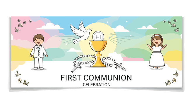 Banner showing children celebrating a religious ceremony with a dove, and a chalice