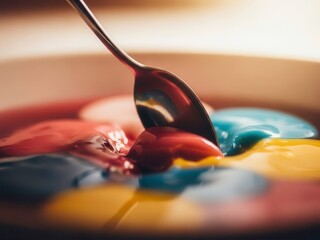Vibrant paint colors mixing in bowl with spoon