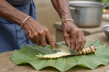 Elderly hands preparing traditional dish on leaf: Authentic cooking experience, cultural heritage representation