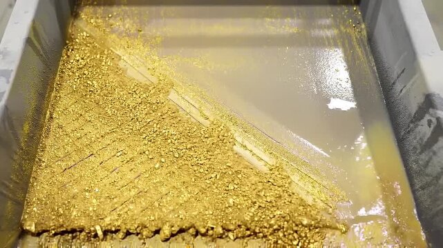 Raw placer gold particles and glittering flakes accumulate on a textured surface in a water-filled sluice during mineral extraction or mining operations.
