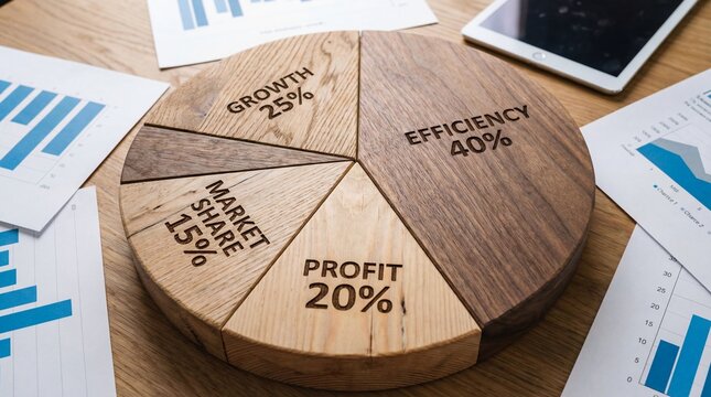 Wooden pie chart with growth market share profit efficiency displayed on wooden table with financial graphs and tablet