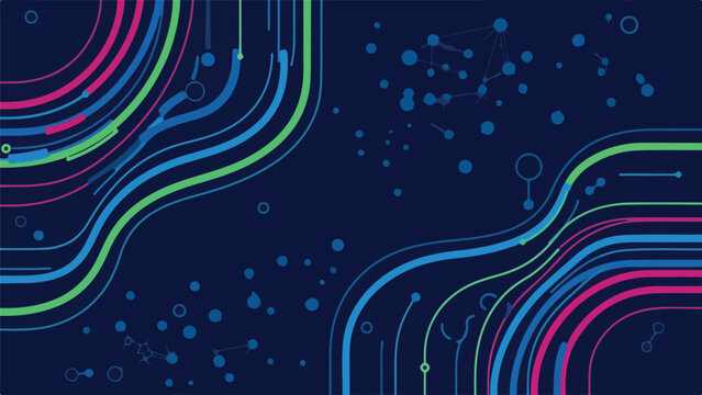 Abstract digital illustration with colorful flowing lines on a dark blue background
