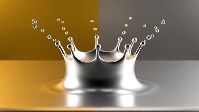 A golden sphere impacts a reflective silver liquid surface in slow motion, creating a perfect metallic splash crown. The dynamic fluid movement generates sparkling droplets against a shifting gold an