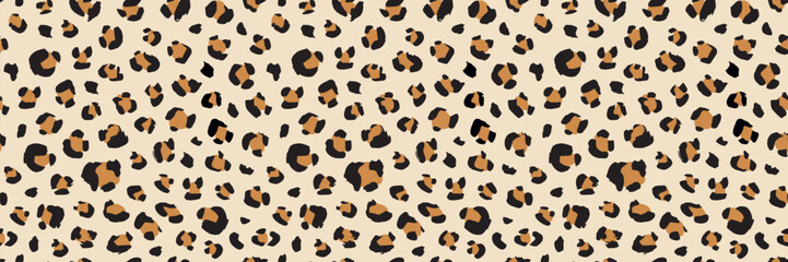 Seamless leopard print pattern with brown spots on beige background. Vector animal skin texture perfect for fabric design, fashion textiles, and safari-themed decoration projects.