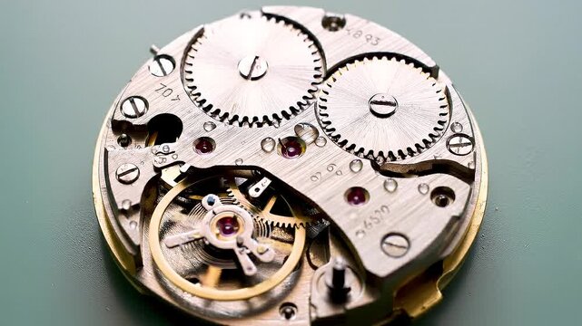 Mechanical watch movement with visible gears, balance wheel, and jewel bearings, highlighting the complex internal workings and precision engineering.