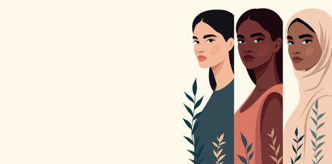 Vector illustration of women of different cultures and ethnicities together. Symbolizes unity, empowerment, diversity, equality, inclusivity. For social campaigns, International Women's Day, March 8