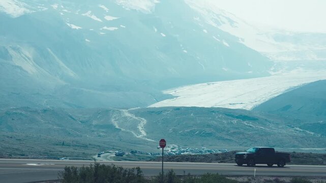 Summer view of Athabasca Glacier along Icefields Parkway in the Canadian Rockies