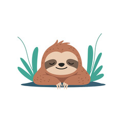 Cartoon sloth with closed eyes, surrounded by leaves © Darna