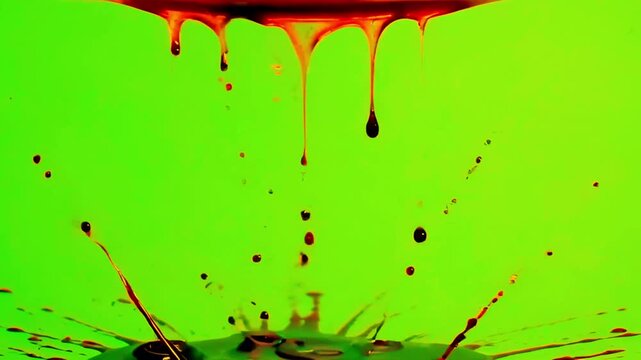 Realistic dark red blood dripping from top continuously on green screen.