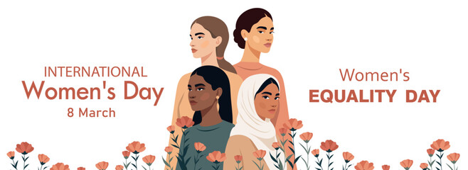 Women's Day, March 8, Equality Day. Women of different cultures, nationalities near flowers. Unity, empowerment, diversity, inclusivity. Vector design with space for text. For social networks, banner