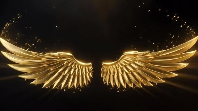Animation golden angel wings glowing softly spread open on black background.