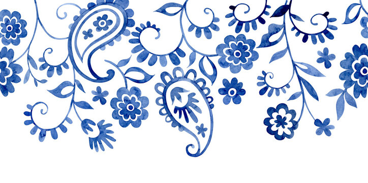 Seamless border of oriental ornaments. Blue flowers and paisley.