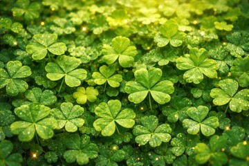 Fresh green clover field with sparkling dew natural spring background