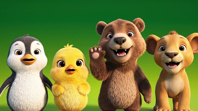 Cartoon-style animals penguin, chick, bear, and lion cub against green background